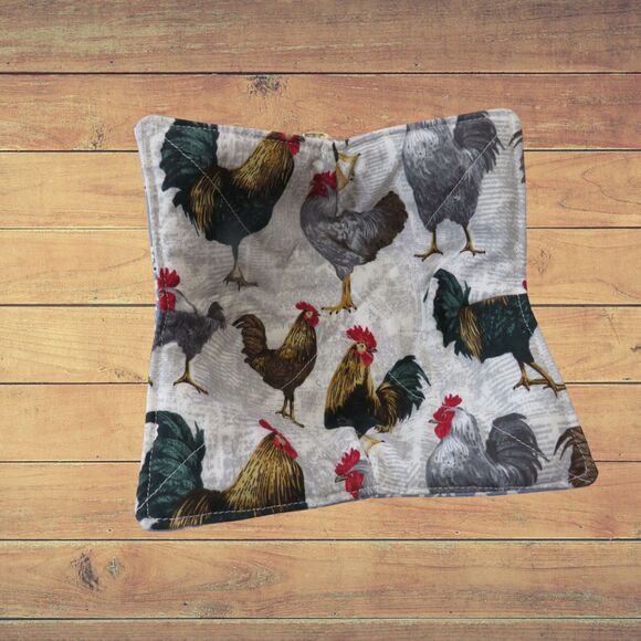 Microwave Bowl Cozy Reversible Roosters and Blue Floral - Picture 1 of 4